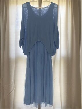 Light Blue Layered Knit & Tulle Maxi Dress